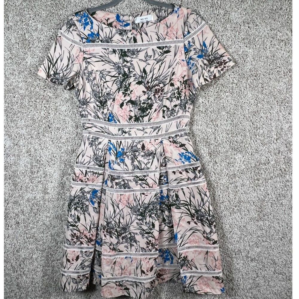 Reiss Pink Floral Lace-Trim Fit-and-Flare Dress with Blue Accents